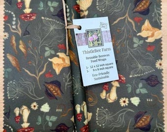 Reusable Beeswax Food Wrap- Set of Two Wraps Mushroom