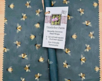 Reusable Beeswax Food Wrap- Set of Two Wraps Bees Blue