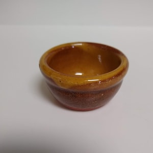 Tiny vintage golden yellow and brown handmade wabi sabi stoneware pot, soy sauce, condiment bowl