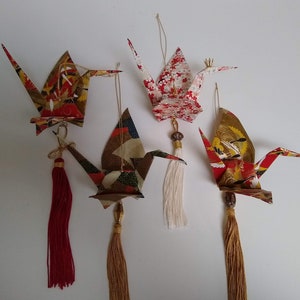 Vintage 7&quot; Wingspan Origami Paper Cranes, Folded Washi Paper Bird Ornament with Beads and Handmade Tassel, Sold Individually