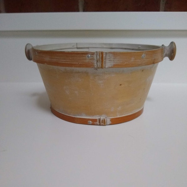 Vintage Whitewashed Bentwood Bowl, Basket, Bucket with handles