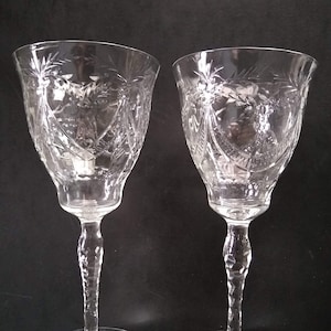 Pair, Vintage or Antique Hand Cut Crystal Wine Glasses, Sold AS-IS Tulip Shaped, Faceted, Unique Mismatched Pattern