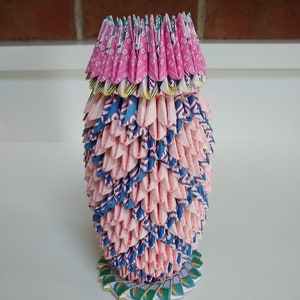 Vintage Origami Vase made from printed, folded card stock - possibly New York lottery tickets. Pink, Blue, Green