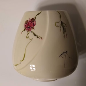 Vintage Artist Signed Baatz USA Vase,Pottery, Ceramic, Asian inspired with delicate pink and green floral design