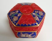 Vintage Chinese tiny red carved cinnabar and cloisonne enamel hinged pill or trinket box