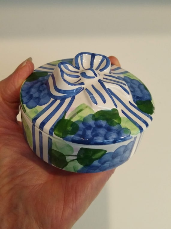 Vintage Round Hand Painted Ceramic Trinket Box wi… - image 2