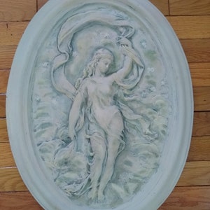 Large Vintage Cast Stone / Plaster Wall Plaque, Sculpture reproduction of &quot;The Four Seasons - Spring&quot; by Maud Humphrey, Art Nouveau Garden