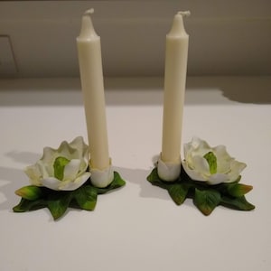 Pair Vintage White Porcelain Flower Candle, Candlestick Holders, Magnolia Blossoms, Taper Candles