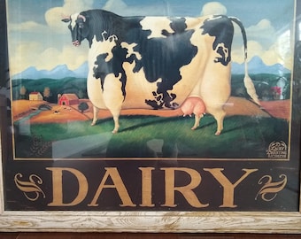 Large Framed D Lacey Derstine Print, Dairy, 1993, Cow in Field