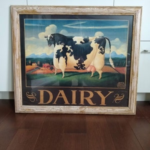 Large Framed D Lacey Derstine Print, Dairy, 1993, Cow in Field