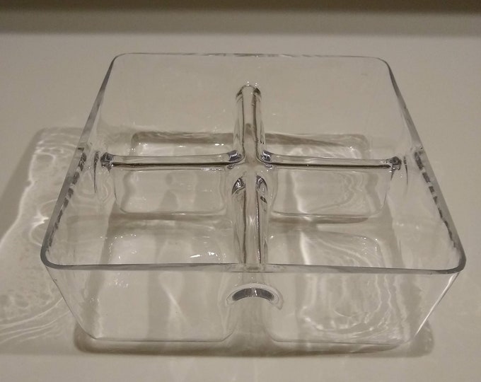Vintage Hand Formed Glass Divided Bowl, Serving Dish, Condiments Tray