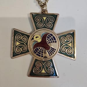Vintage Chunky Maltese Cross Enamel on Brass Necklace, Large 2 1/4&quot; Cross on Sturdy 28&quot; Chain, Dove Center Design, Huguenot Cross