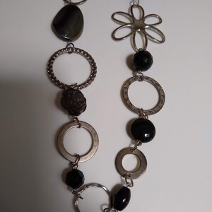 Vintage SilverTone Metal and Plastic Retro Necklace, Black and Silver Costume Jewelry Pop Art Necklace