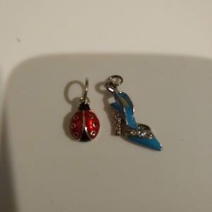 Vintage Enameled Charms / Pendants; SOLD INDIVIDUALLY - Metal Lady Bug or Teal Blue High Heel Shoe with Rhinestones