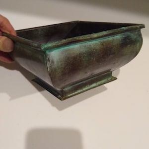 Vintage Verdigris Metal Planter / Ikebana Vase with Attached Metal Flower Frog Inside