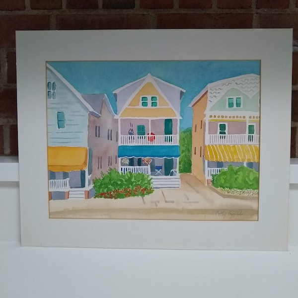 Original signed watercolor of beach houses in Cape May, NJ matted, unframed