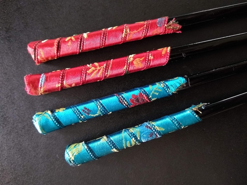 Pins Set of Four Vintage Silk Fabric Wrapped Hair Sticks Chinese Chopsticks for Buns