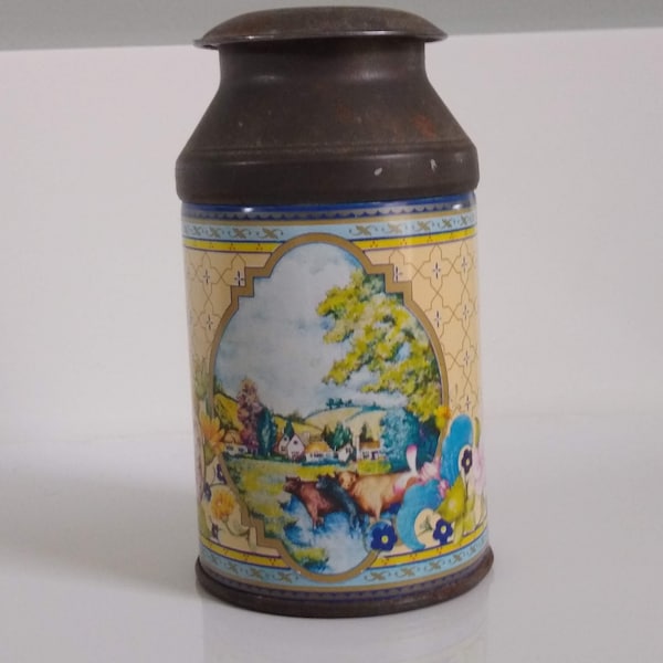 Vintage metal miniature milk tin can with printed pastoral scene - Avonova made in England, Bristol - Avon Gifts