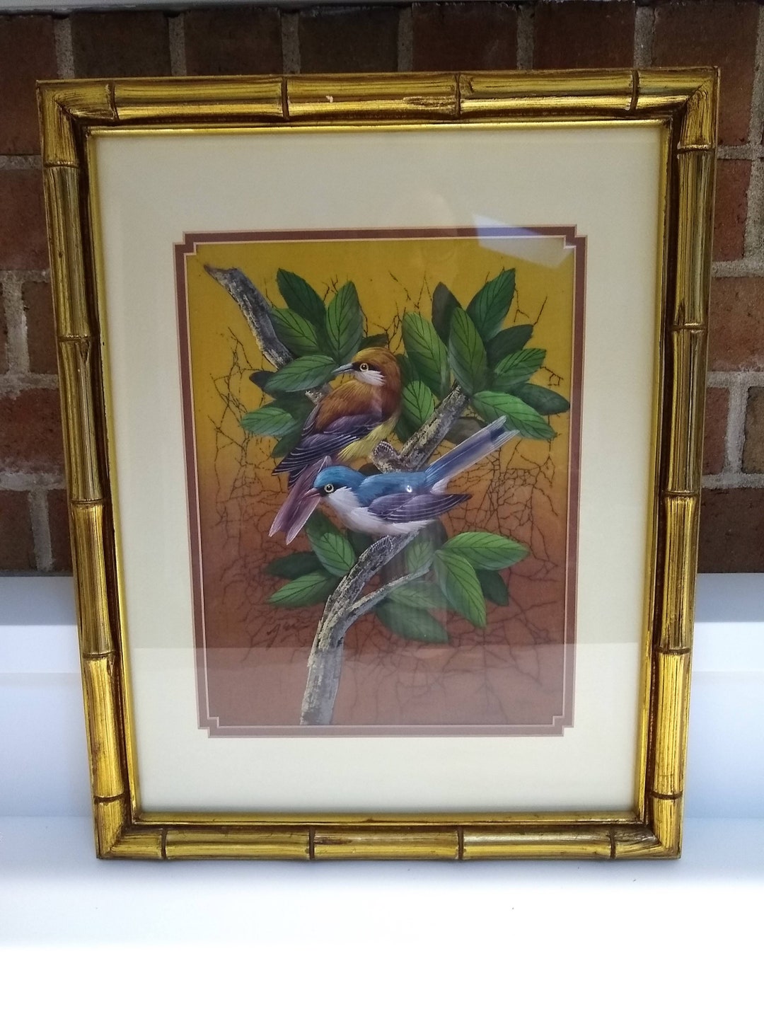 Vintage Gris Painting on Silk, Artist Signed, Framed Art, Exotic Tropical Birds, Thailand, Original, Gold Leaf Bamboo Style Frame