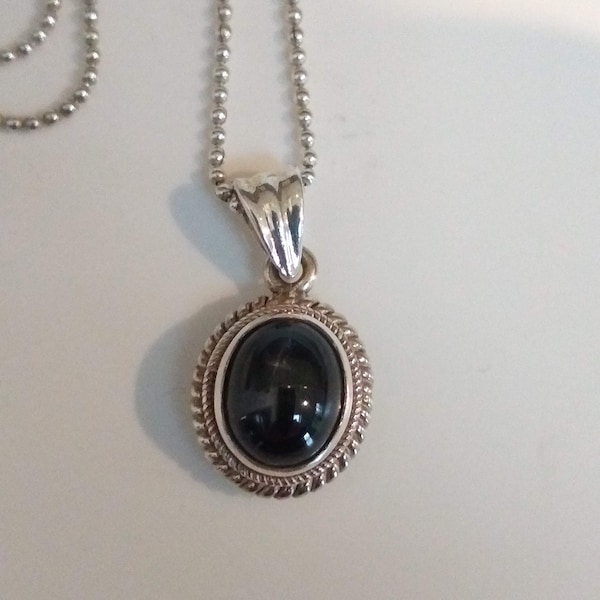 Small Vintage Black Onyx and Silver Pendant Necklace on bead chain