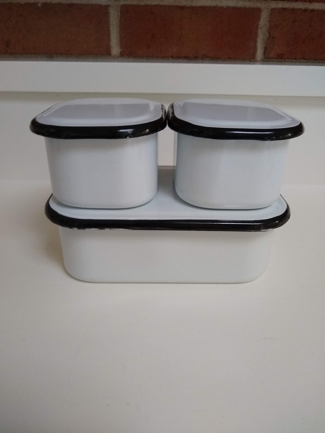 Vintage White Enamel Storage Containers With Black Trim SOLD Etsy