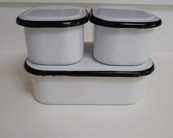 Vintage White Enamel Storage Containers With Black Trim, SOLD