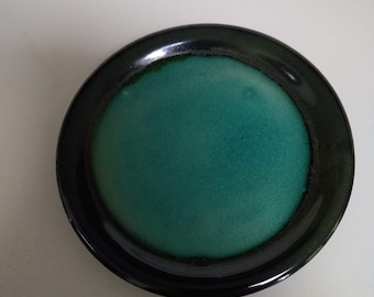 Vintage Japanese Crackle Glaze Stoneware Candle or Trinket Dish, Aqua, Black and Turquoise Crazed Glaze