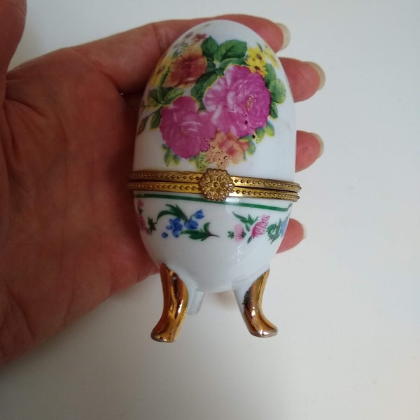 Vintage Porcelain Hinged Egg Shaped Trinket Box with Metal Closure, Faux Faberge Style Box