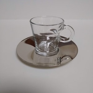 Vintage Atelier Oi for Nespresso Espresso Cup and Saucer, Clear Tempered Glass Cup; Stainless Steel Saucer, Industrial Modern Demitasse