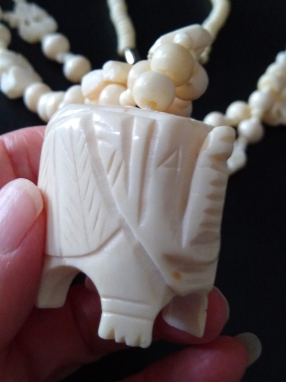 Vintage carved bone elephant pendant, necklace - image 4