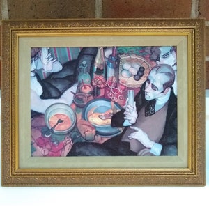 Framed Art, Omelette and Truffles by Juarez Machado Art Reproduction, Brazilian Beaux Arts Figurative Painting, Champagne Toast Dinner Scene