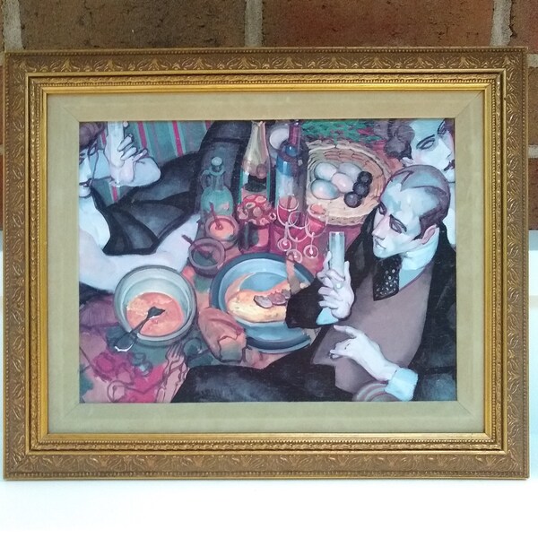 Framed Art, Omelette and Truffles by Juarez Machado Art Reproduction, Brazilian Beaux Arts Figurative Painting, Champagne Toast Dinner Scene