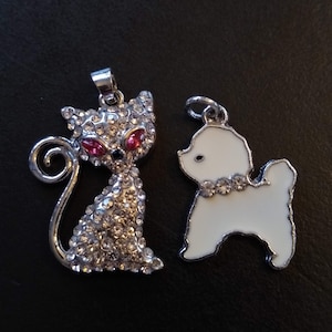 Vintage Rhinestone French Cat Pendant and / or White Enamel Dog Pendant, Silver Tone Dog and Cat Charms