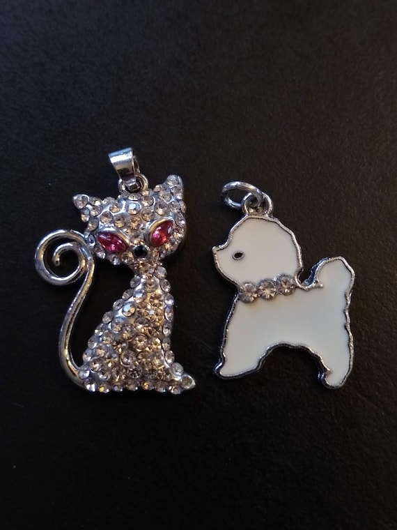 Vintage Rhinestone French Cat Pendant and / or Whi