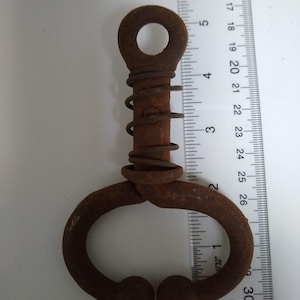 May include: A rusty metal tool with a spring and two loops. The tool is about 6 inches long and has a rounded end on each loop.