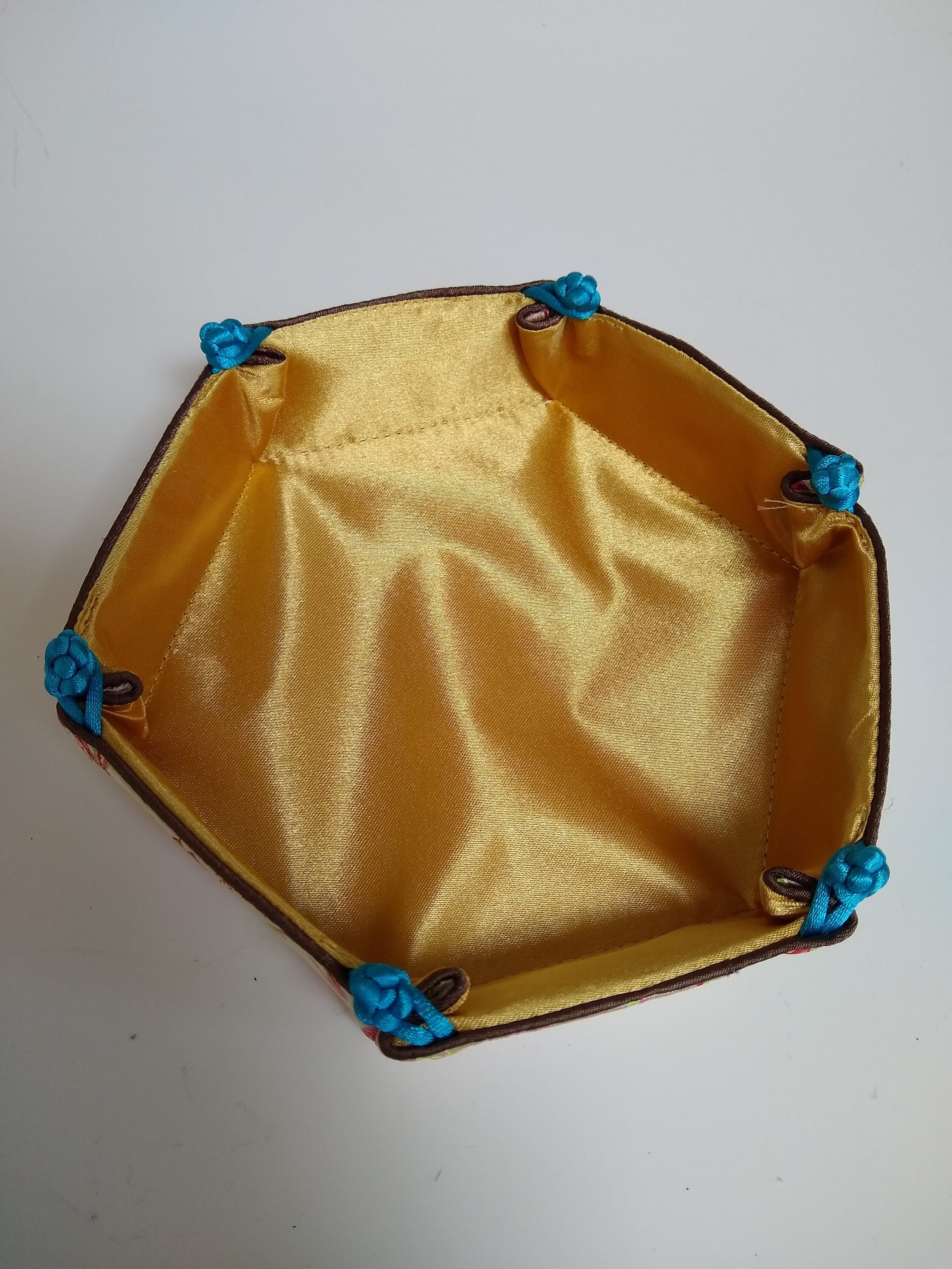 Vintage Chinese Hexagonal Case, Silk Trinket Basket, Jewelry