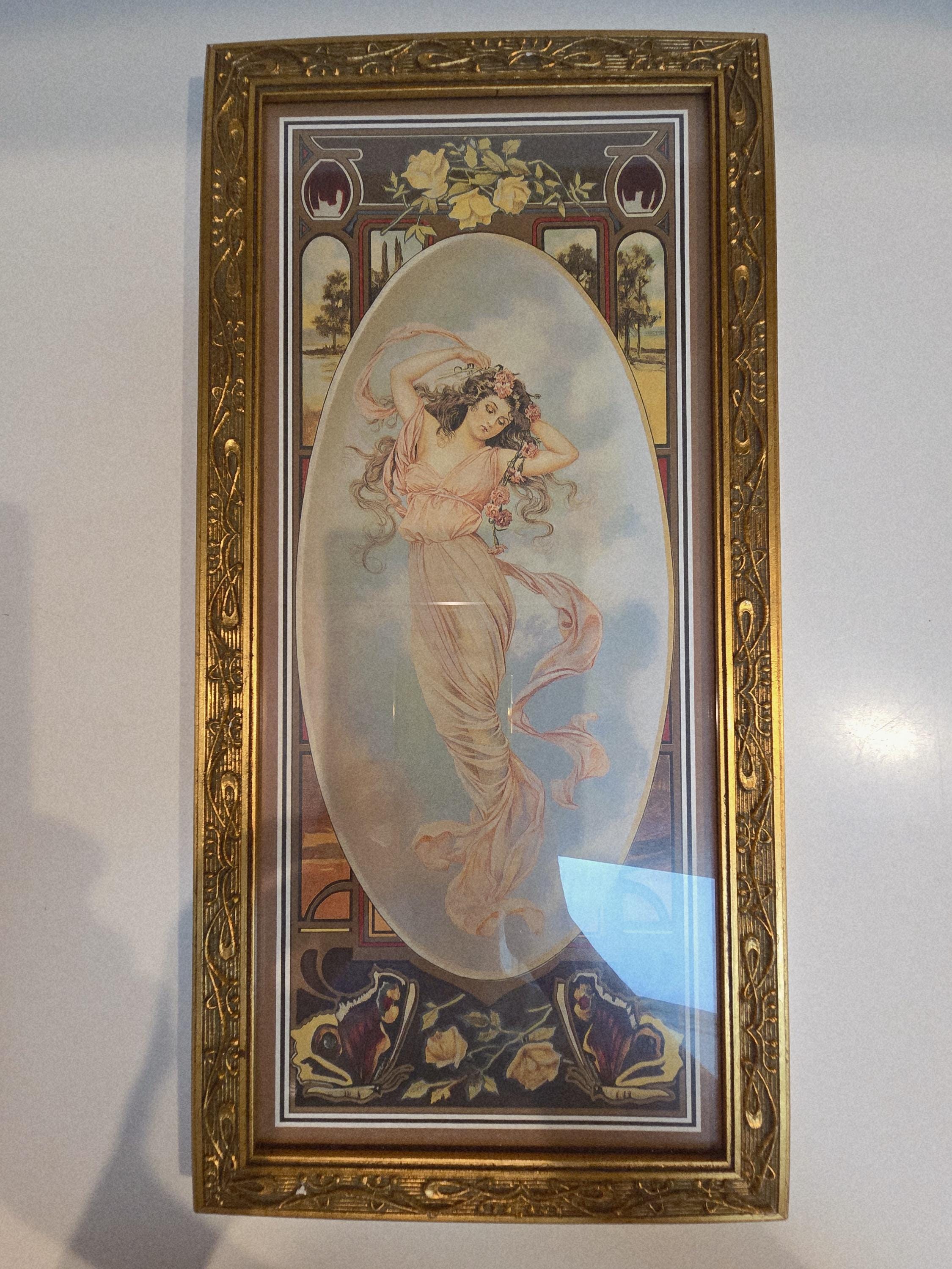 Art Nouveau Framed Print; "The Four Seasons - Spring" Print by Maud Humphrey with Alphonse Mucha Border; 8" x 16", Elaborate Gold Gilt Frame