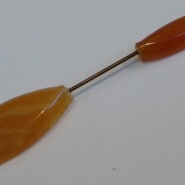 Vintage Plastic / Bakelite Double Ended Stick Pin, Art Deco Pin, Large Retro Butterscotch, Tortoise Colored Plastic Screw On Hat or Coat Pin