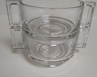 Vintage Pair of Joe Colombo Clear Glass Footed Soup Bowls, Two Handled Stackable Retro Glass Soup Bowls