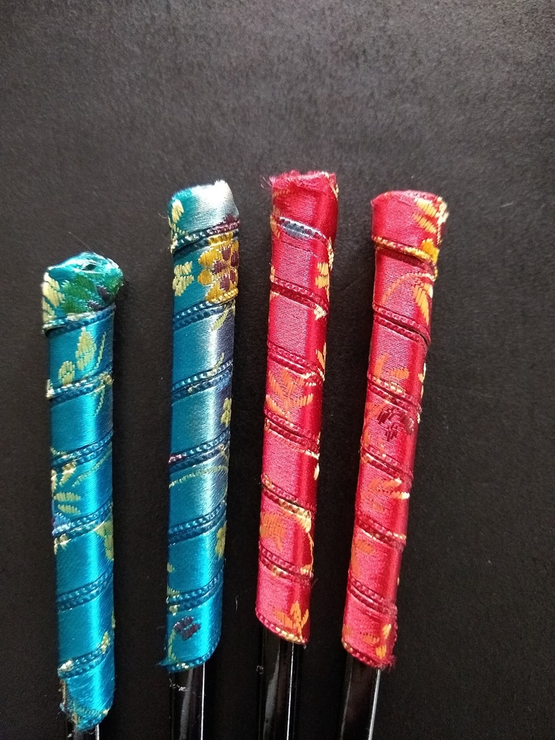 Pins Set of Four Vintage Silk Fabric Wrapped Hair Sticks Chinese Chopsticks for Buns