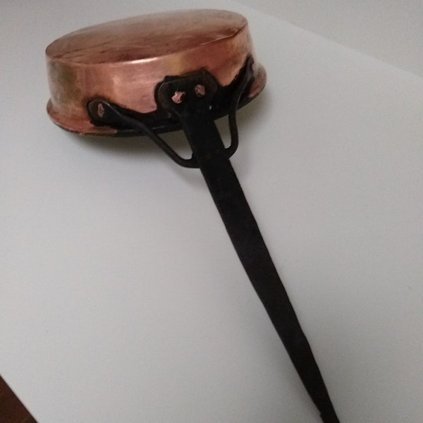 Vintage Large 22" Hand Made Lined Copper Pan, Long Handle, 10" Diameter Pan, French Country Kitchen, Farmhouse, Fireplace Decor