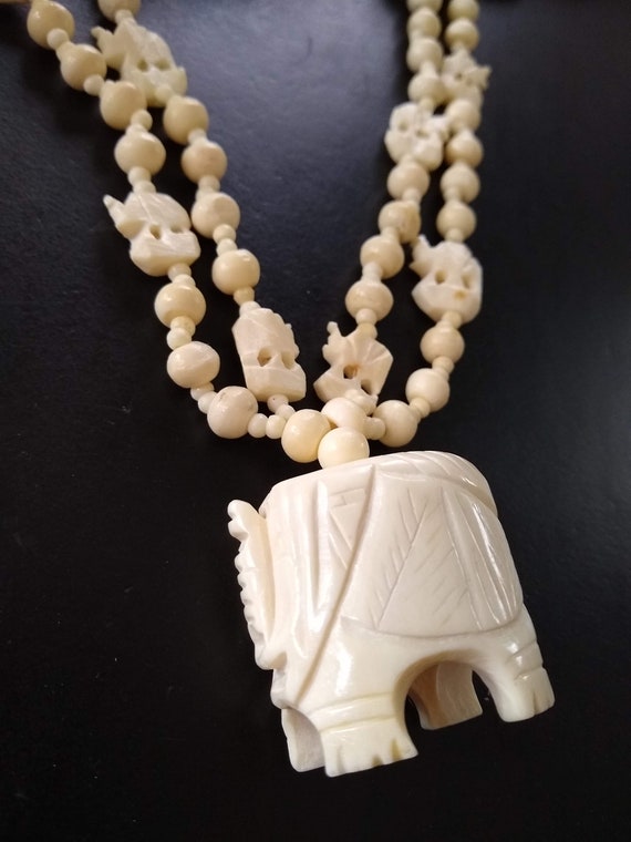 Vintage carved bone elephant pendant, necklace - image 2