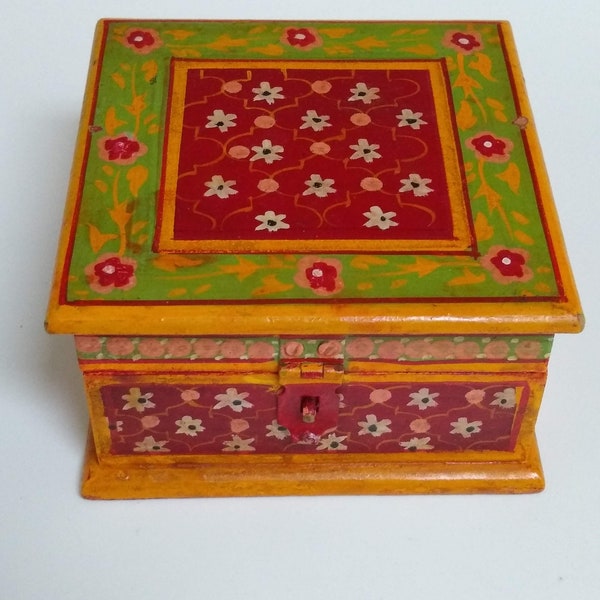 Vintage Hand Painted Square Wood Box with Lid and Latch, Moroccan Style Trinket Box, Jewelry Box