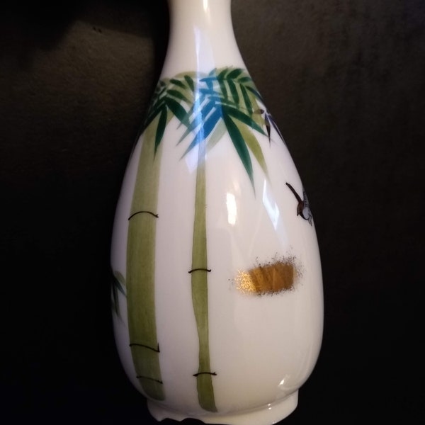 Vintage Japanese Porcelain Bud Vase, Bamboo Stalks, Bird, Gold Gilt Accents, with Architectural Foot / Base