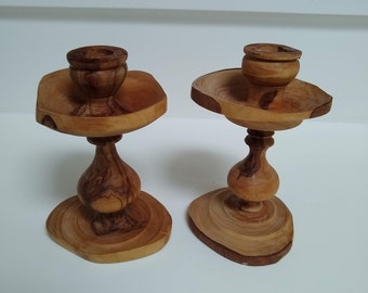 Pair of vintage, live edge turned wood candlestick holders made in Tunisia