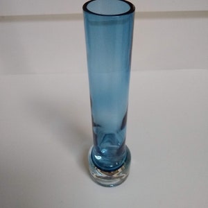 Vintage Modernist Glass Bud Vase, MCM Azure Blue Cylindrical Art Glass Vase with Clear Base