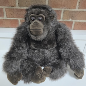 Vintage 1989 Large Plush Toy Baby Gorilla in Seated Position, 16&quot; high, Dark Brown Gorilla with Realistic Hands, Feet, Glass Eyes, Cute Face