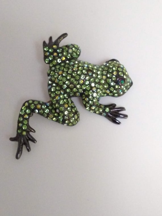 Vintage sparkly green rhinestone tree frog brooch 