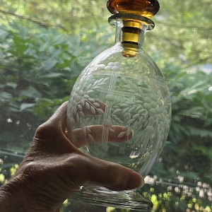 Smashing Old Hand Blown Etched Crystal Decanter, Bottle, Vase with Butterscotch Color Glass Stopper