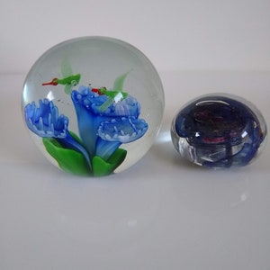 Vintage Art Glass Paperweights, Sold Individually, Small Blue Swirl, Larger Blue Floral with Birds, Blown Glass Sphere, Glass Ball